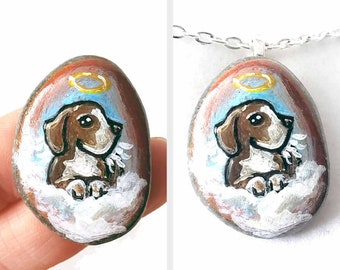 Dog Necklace, Beagle Painting, Pet Portrait, Angel Pendant, Animal Stone, Hand Painted Rock Art, In Memory, Sympathy Gift, Pet Memorial