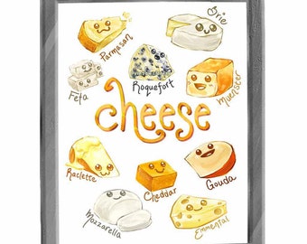 Cheese Print, Food Art, Kitchen Decor, Cheese Lover, Foodie Gift, Cheese Names, Funny Cheese Illustration, Novelty Gift, Cheese Types