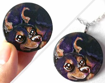 Doberman Necklace, Black Dog Art, Small Painting, Circle Pendant, Wood Keepsake, Sympathy Gift, Memorial Art