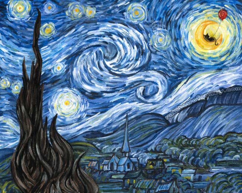 Pu&ograve; includere: Un dipinto di un cielo notturno stellato con un cielo blu e bianco vorticoso. Un grande albero scuro si trova in primo piano e un piccolo paese si trova in lontananza. Un palloncino rosso galleggia nel cielo.
