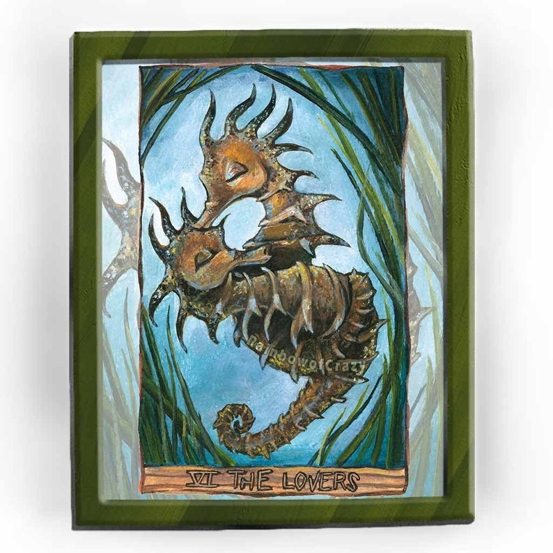 Seahorse Art Print, Nautical Decor, Lovers Tarot Card, I Love You, Animism Tarot Deck, Custom Size, Anniversary Gift image 1