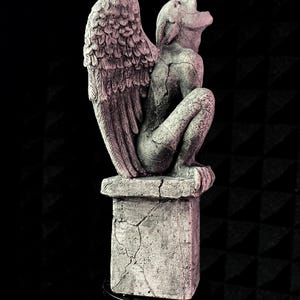 K&ouml;nnte beinhalten: Graue Gargoyle-Statue mit gro&szlig;en, detaillierten Fl&uuml;geln, die auf einem verwitterten Sockel sitzt. Die Statue befindet sich in einer hockenden Position, wobei sichtbare Risse zu ihrem gealterten Aussehen beitragen. Der Hintergrund ist schwarz.