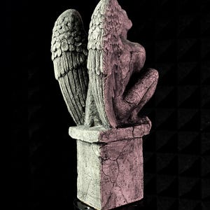 K&ouml;nnte beinhalten: Steinstatue einer gefl&uuml;gelten Figur, m&ouml;glicherweise eines Engels oder einer Wasserspeiers, in kniender Position. Die Fl&uuml;gel sind detailliert ausgearbeitet. Die Statue ist grau mit rosa Farbt&ouml;nen, der Sockel weist Risse auf.
