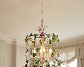 Lustre Floral Rose: Luminária Floral Vintage Cottagecore para Decoração Romântica de Jardim e Estilo Campestre Francês