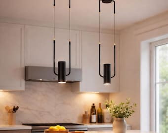 Modern Black Cylinder Pendant Light: Minimalist Hanging Lamp for Kitchen Island