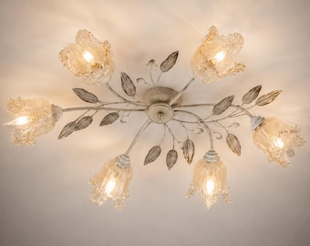 Floral Flush Mount Chandelier: Antique Iron French Country Cottagecore Ceiling Light