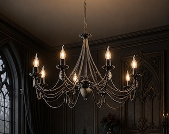 Lampadario gotico vintage: lampada da soffitto in bronzo a 8 bracci in ferro battuto.