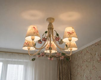 Floral Vintage Chandelier: Pink Rose Ceiling Light for Shabby Chic & Cottagecore Decor