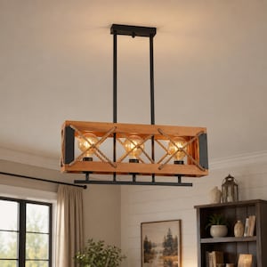 Rustic Wood Chandelier: Farmhouse Linear Pendant Light for Dining Room Decor