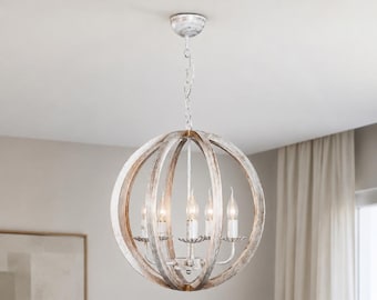Orb  Chandelier: Rustic Wooden Pendant Light for Farmhouse Entryway & Bedroom