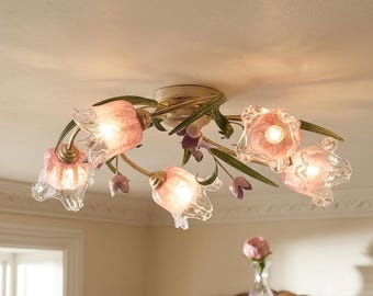 Pink Floral Chandelier: Romantic Crystal Flower Lamp for Vintage & Boho Decor