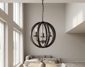 Lámpara de araña de madera con forma de esfera: Lámpara colgante rústica de estilo granja para comedor y cocina.