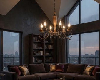 Wooden Chandelier: Rustic Candle Pendant Light Fixture & Modern Ceiling Lighting