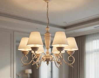 Lámpara de araña blanca vintage: Lámpara de techo de estilo campestre francés en dorado y madera para el comedor.