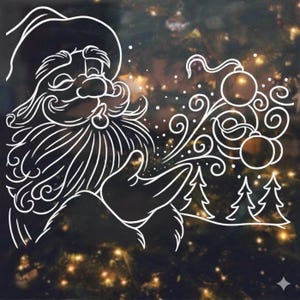 Puede incluir: Un dibujo lineal blanco de Papá Noel soplando copos de nieve y adornos. La imagen tiene un fondo borroso con luces navideñas, creando un tema festivo. También se incluyen dos pequeños árboles de Navidad.