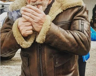 Chaqueta de aviador de piel de oveja estilo aviador para hombre