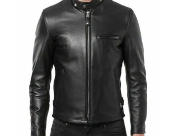 Men’s Black Cafe Racer Leather Jacket – Real Sheepskin Slim Fit Biker Motorcycle Coat