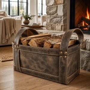 May include: A rectangular dark brown leather log carrier with two arched handles, reinforced with brass-coloured metal rivets along the vertical straps and horizontal trim, filled with several pieces of split firewood.