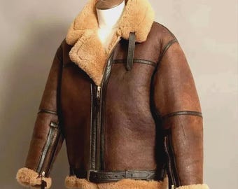 Men's Bomber Jacket – Real Sheepskin Leather Aviator Coat, RAF Flight Shearling Jacket Brown