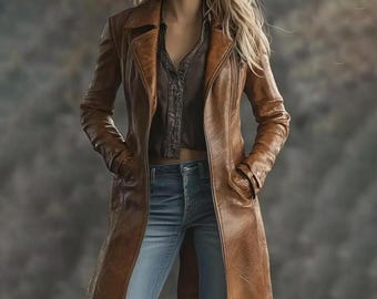 Distressed Brown Leather Trench Coat – Vintage Slim Fit Longline Jacket