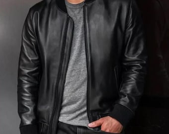 Men’s Black Lambskin Leather Bomber Jacket – Genuine Leather Varsity Style Coat – Classic Outerwear