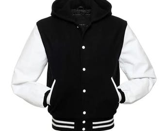 Wool & Leather Varsity Jacket – Hooded Letterman Bomber, College Streetwear Coat