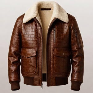 May include: Brown leather bomber jacket with a crocodile skin effect. The jacket has a cream-coloured shearling collar, multiple pockets, and a ribbed hem and cuffs. It features a zip-up front and a warm interior lining.