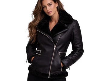 Women’s Black B3 Aviator Shearling Bomber Jacket – Handmade RAF Flying Leather Winter Coat