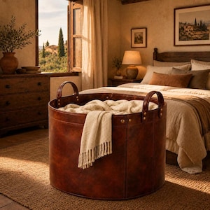 May include: A large, round, dark brown storage basket with two sturdy handles on opposite sides. The basket is filled with a soft, cream-coloured textured throw blanket that drapes over the top edge, partially covering the interior space.