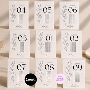Puede incluir: Un conjunto de nueve tarjetas de mesa rectangulares blancas para bodas con texto negro y un dibujo botánico de líneas. Cada tarjeta muestra un número de mesa del 01 al 09, una lista de nombres de invitados, la frase thank you y THE CELEBRATION WITH US.