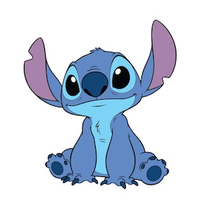 May include: A cartoon illustration of Stitch, a blue extraterrestrial creature with large ears, big eyes, and a friendly smile. The character is sitting down with its arms and legs visible, and is a popular character from the Lilo & Stitch franchise.