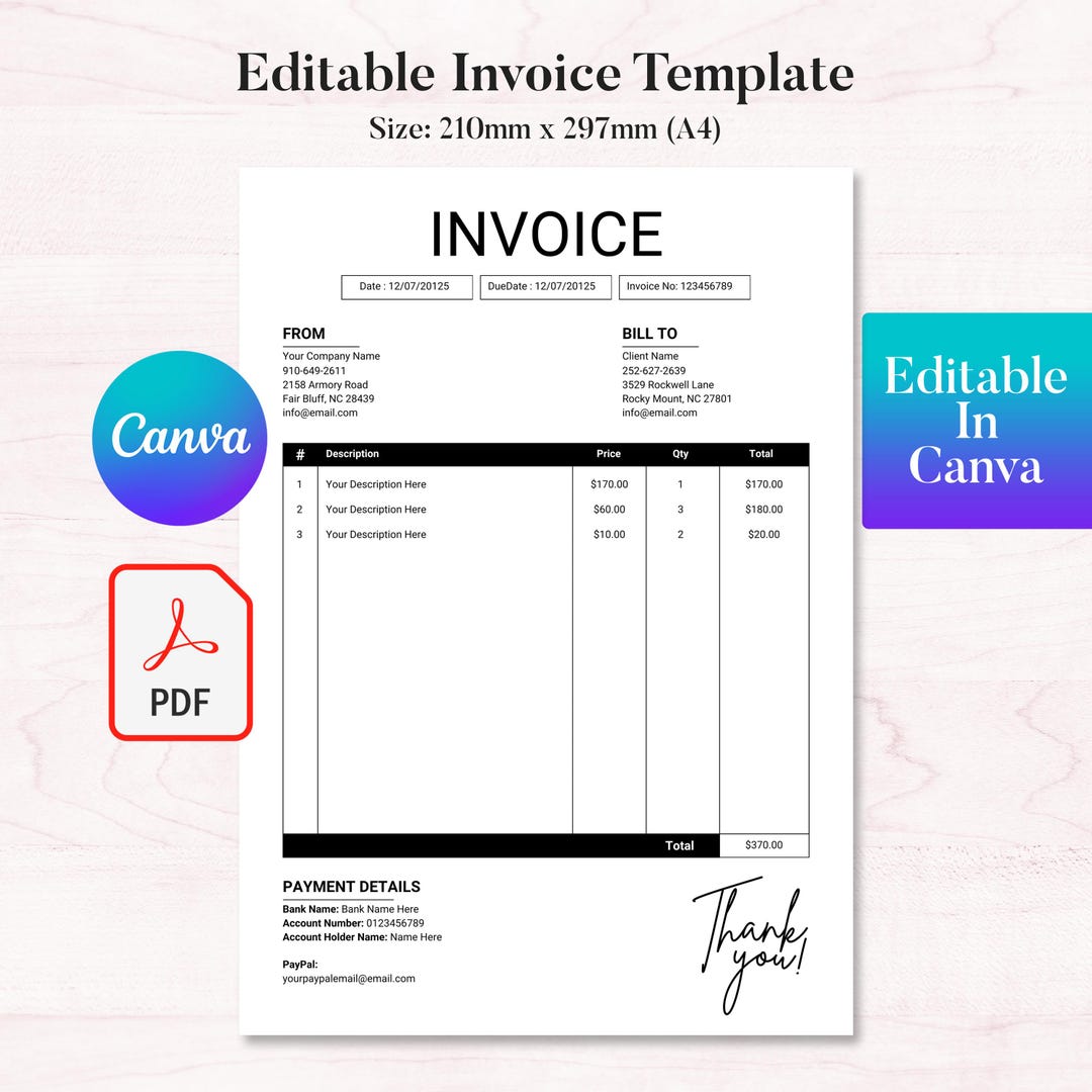 Editable Canva Invoice Template for Small Business, Business Invoice ...