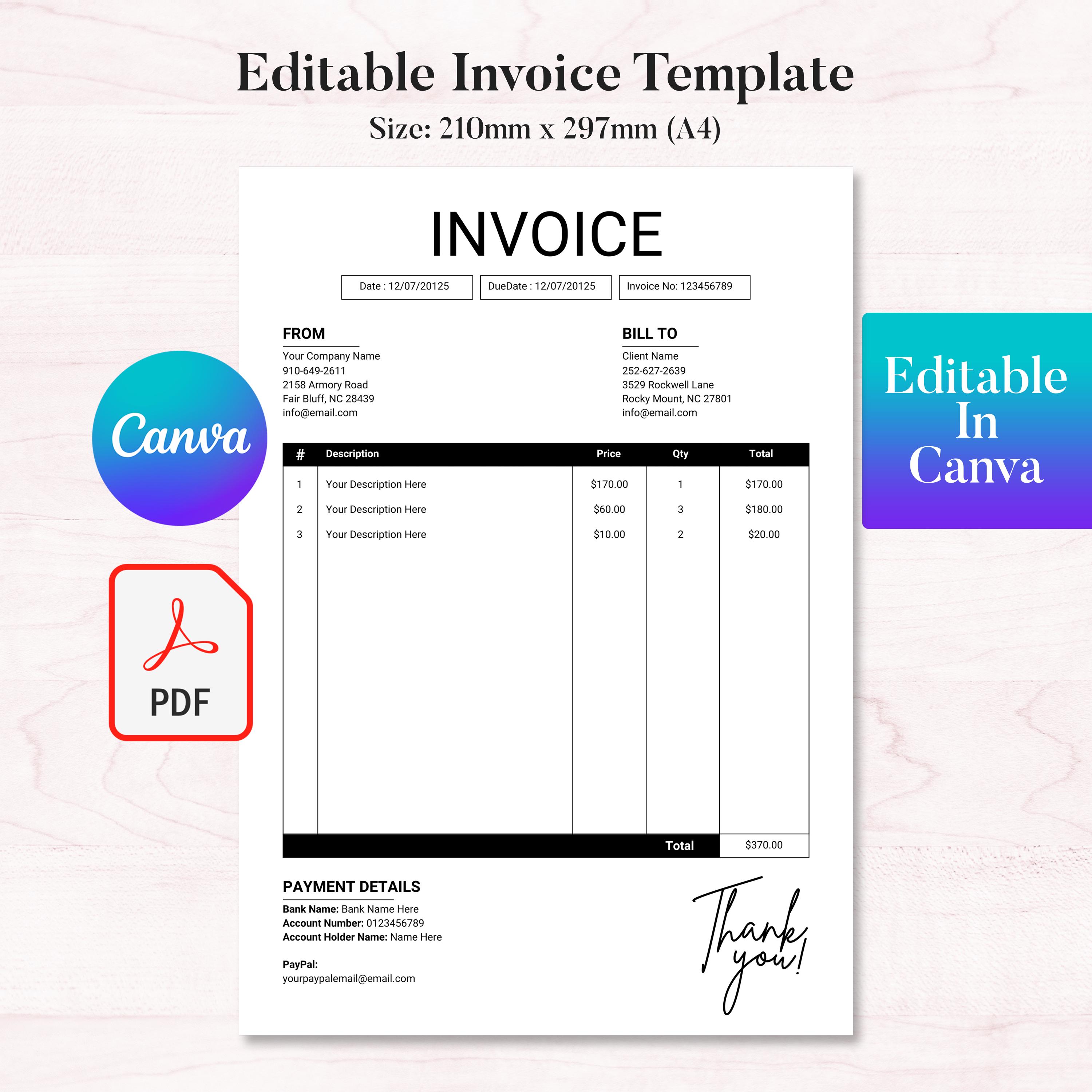Editable Canva Invoice Template for Small Business, Business Invoice ...