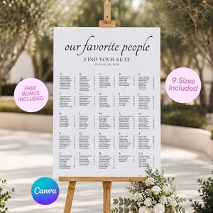 May include: A white wedding seating chart sign on a wooden easel featuring the text our favorite people, FIND YOUR SEAT, and AUGUST 28, 2028. The sign displays an alphabetical list of names organized by letter from A to Z with table numbers.