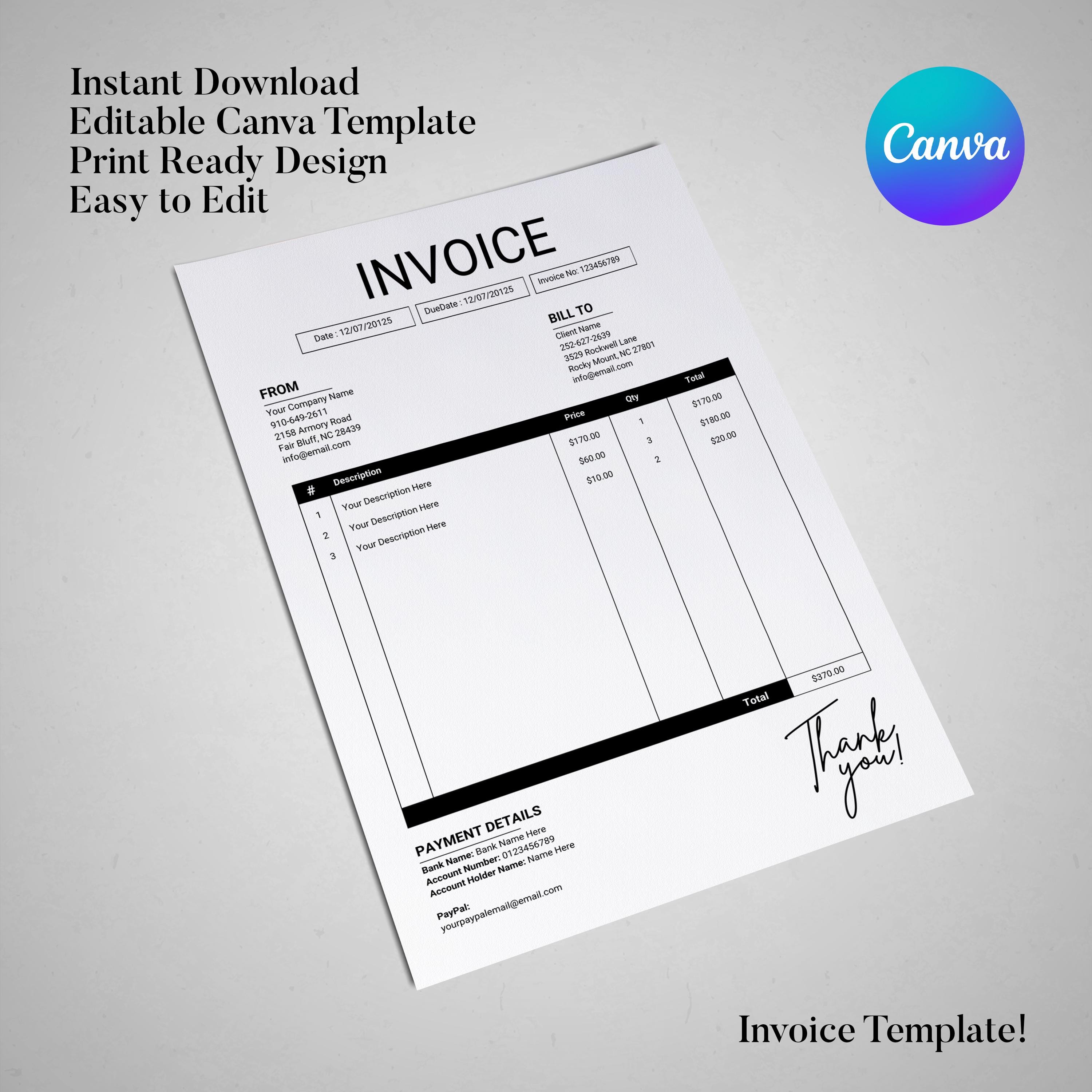 Editable Canva Invoice Template for Small Business, Business Invoice ...