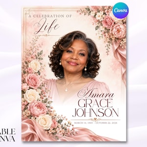 May include: A funeral program template featuring a portrait of a woman, decorated with pink and white roses and draped fabric. Text reads: A CELEBRATION OF LIFE, AMARA GRACE JOHNSON, MARCH 14, 1969 - OCTOBER 22, 2026, and EDITABLE IN CANVA.
