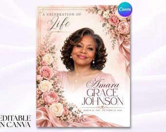 Pink Floral Funeral Program Template, Elegant Obituary Template, 8 Page Memorial Program, Canva Editable, Celebration of Life, 17x11