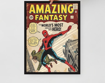 Amazing Fantasy Spider-Man Retro Comic Poster | Vintage Style First Appearance Wall Art | "With Great Power" Quote | Framed, Unframed