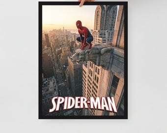 Spider-Man NYC Sunset Poster | Sam Raimi Suit, Gargoyle Wall Art