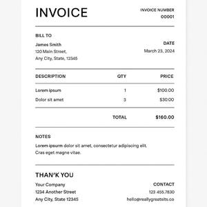 Peut inclure: Facture en noir et blanc avec le mot « INVOICE » en haut. La facture comprend des champs pour « BILL TO », « DESCRIPTION », « QTY », « PRICE » et « TOTAL ». La date est le 23 mars 2024. La facture comprend également les coordonnées.