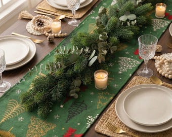 Linnen kersttafelloper, groen kerstboompatroon, decoratie boerderijvakantie