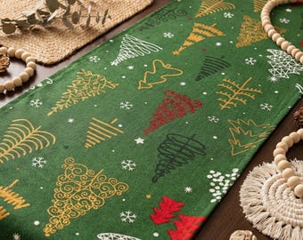 Groen linnen kersttafelloper, kerstboompatroon, boerderijvakantie dineren, rustiek vakantiedecor