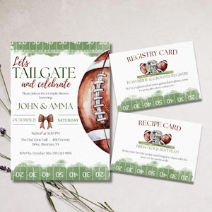 May include: A football-themed invitation set featuring a large brown football graphic, green field yard lines, and text including Lets TAILGATE and celebrate, JOHN & AMMA, OCTOBER 21, REGISTRY CARD, and RECIPE CARD with football illustrations.