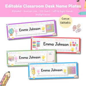 Puede incluir: Cuatro placas rectangulares para nombres de escritorio con campos de texto editables que muestran el nombre Emma Johnson. Cada placa incluye un alfabeto, una recta numérica, iconos de manos izquierda y derecha, y gráficos educativos variados.