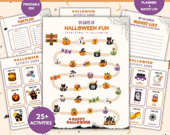 May include: A printable 31 Days of Halloween Fun activity countdown kit on 8.5 by 11 inch paper. The set includes a numbered path with Halloween icons, activity cards, a fun plan, and a bucket list featuring pumpkins, ghosts, and cats.