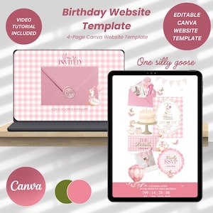 May include: A digital birthday website template displayed on a laptop and tablet screen. The design features a pink gingham pattern, illustrations of a goose, envelopes, cakes, and balloons. Text includes "You're INVITED", "One silly goose", and "Kindly RSVP".