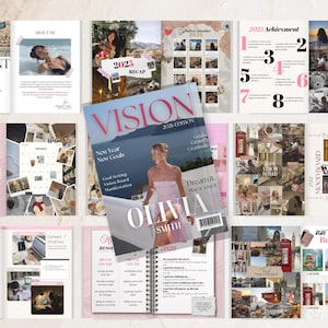 以下が含まれることがあります： ピンクと白のビジョンボードのページ集。雑誌の表紙には「VISION」と「OLIVIA SMITH」の名前が記載されています。その他のページには、「CONTENT」、「2025 Recap」、「2026 Monthly Vision Board」などのテキストが表示されています。