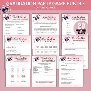 Könnte beinhalten: Eine Sammlung druckbarer Spiele für Abschlussfeiern, darunter Quiz, Bingo und Emoji-Pictionary. Die Spiele haben ein rosa-weißes Farbschema mit Illustrationen von Abschlusskappen und dem Text "Graduation Party Game Bundle".