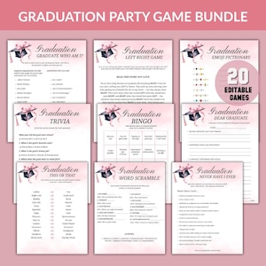 May include: A graduation party game bundle featuring 20 editable game sheets with a pink watercolor background, a black graduation cap illustration with a pink ribbon, and black text including titles like Graduation Who Am I, Trivia, and Bingo.