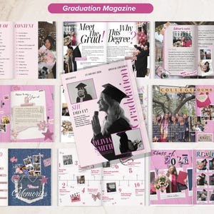 May include: A pink graduation magazine with multiple pages featuring photos, text, and graphics. The magazine includes the text "Graduation Magazine", "SHE DID IT!", "Class of 2026", and "51 Pages Editable".